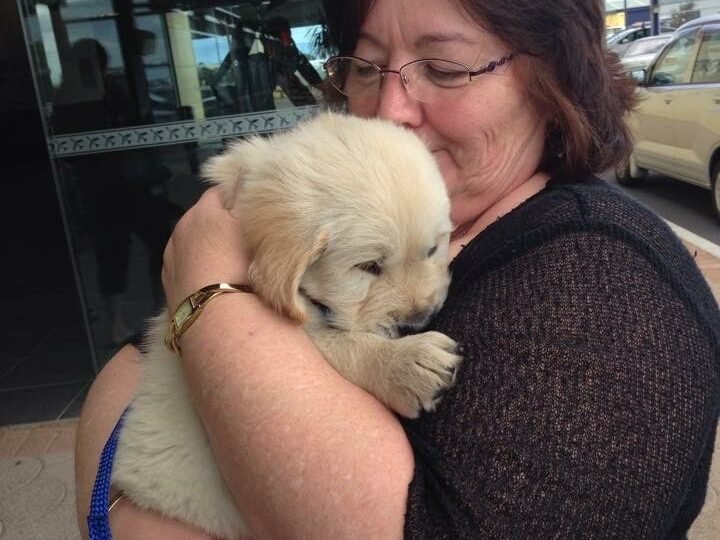 Receiving new puppy at airport