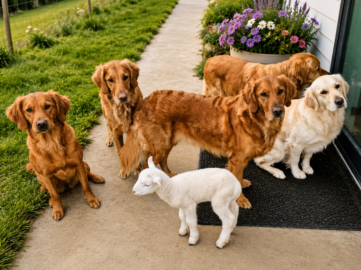 golden retrievers and bruce at back door